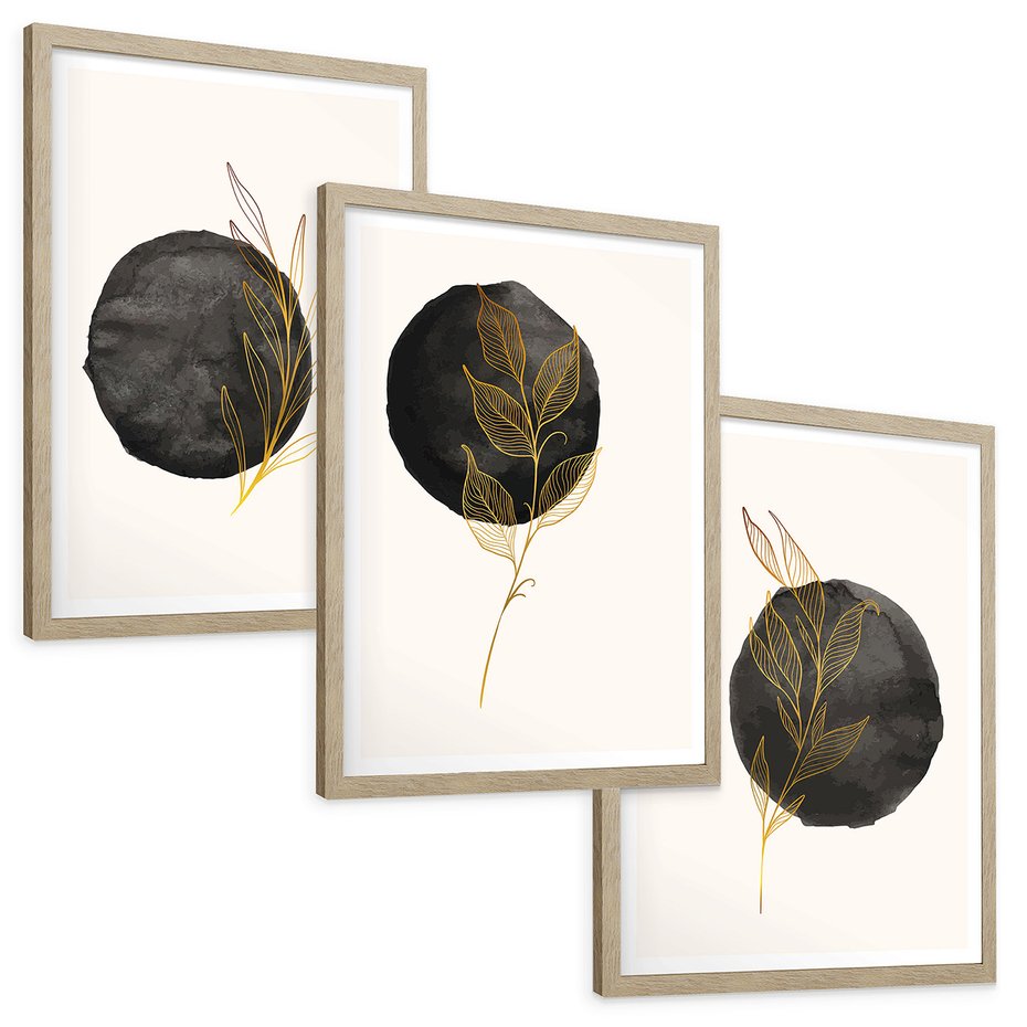Zestaw obrazy w ramie, plakaty - liście, kropka, abstrakcja - rama drewno