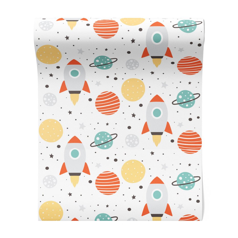 Tapeta - dziecięca, rakieta, planeta, gwiazdy