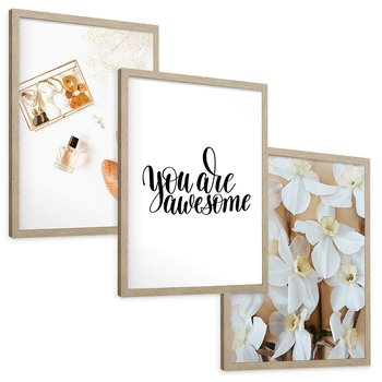 Zestaw obrazy w ramie, plakaty - kwiaty, akcesoria, buty - rama drewno