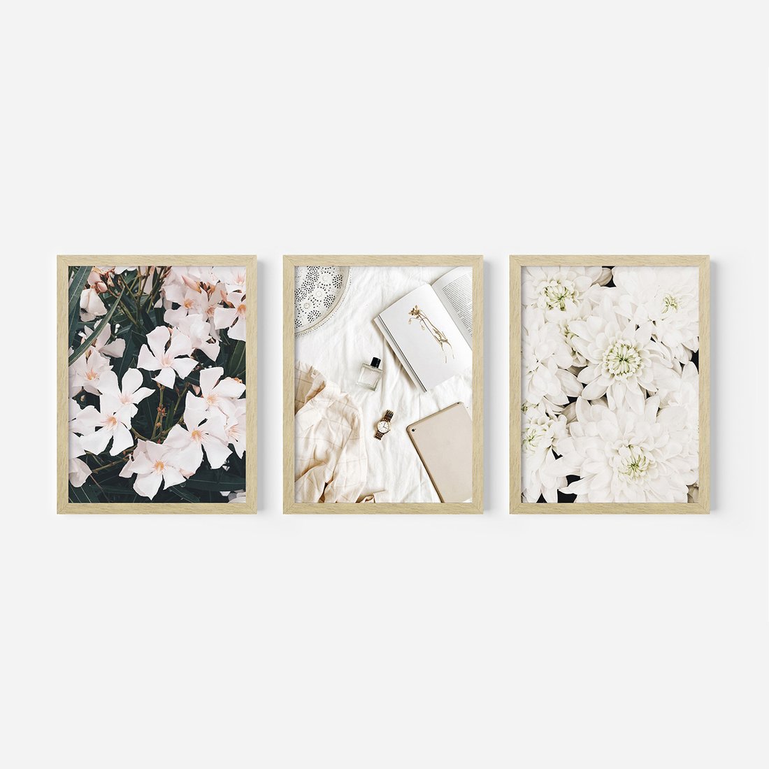 Zestaw obrazy w ramie, plakaty - kwiaty, biały, roślina - rama drewno