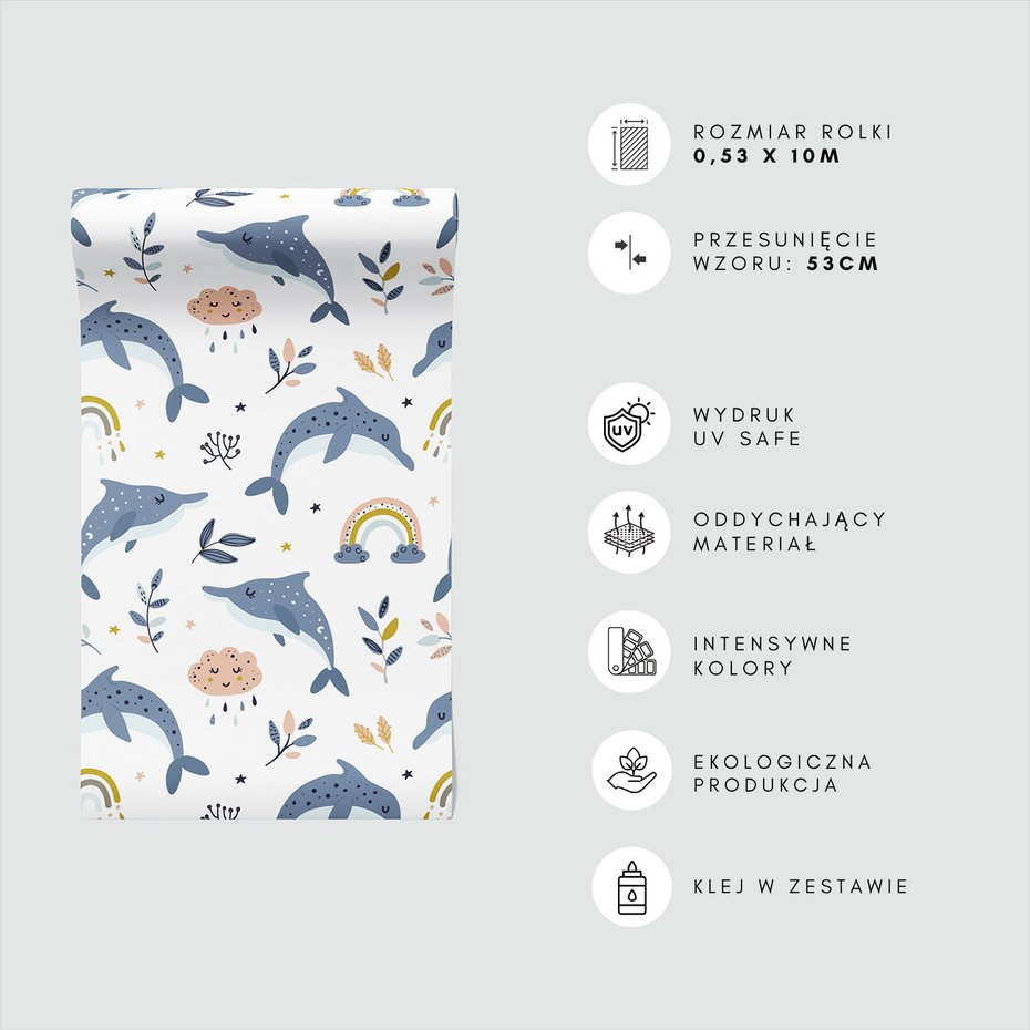 Tapeta - dziecięca, delfiny, chmury,