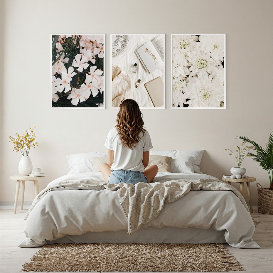 Zestaw obrazy w ramie, plakaty - kwiaty, biały, roślina - rama biała