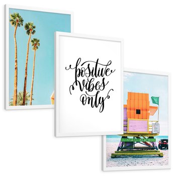 Zestaw obrazy w ramie, plakaty - palmy, plaża, tropikalny - rama biała