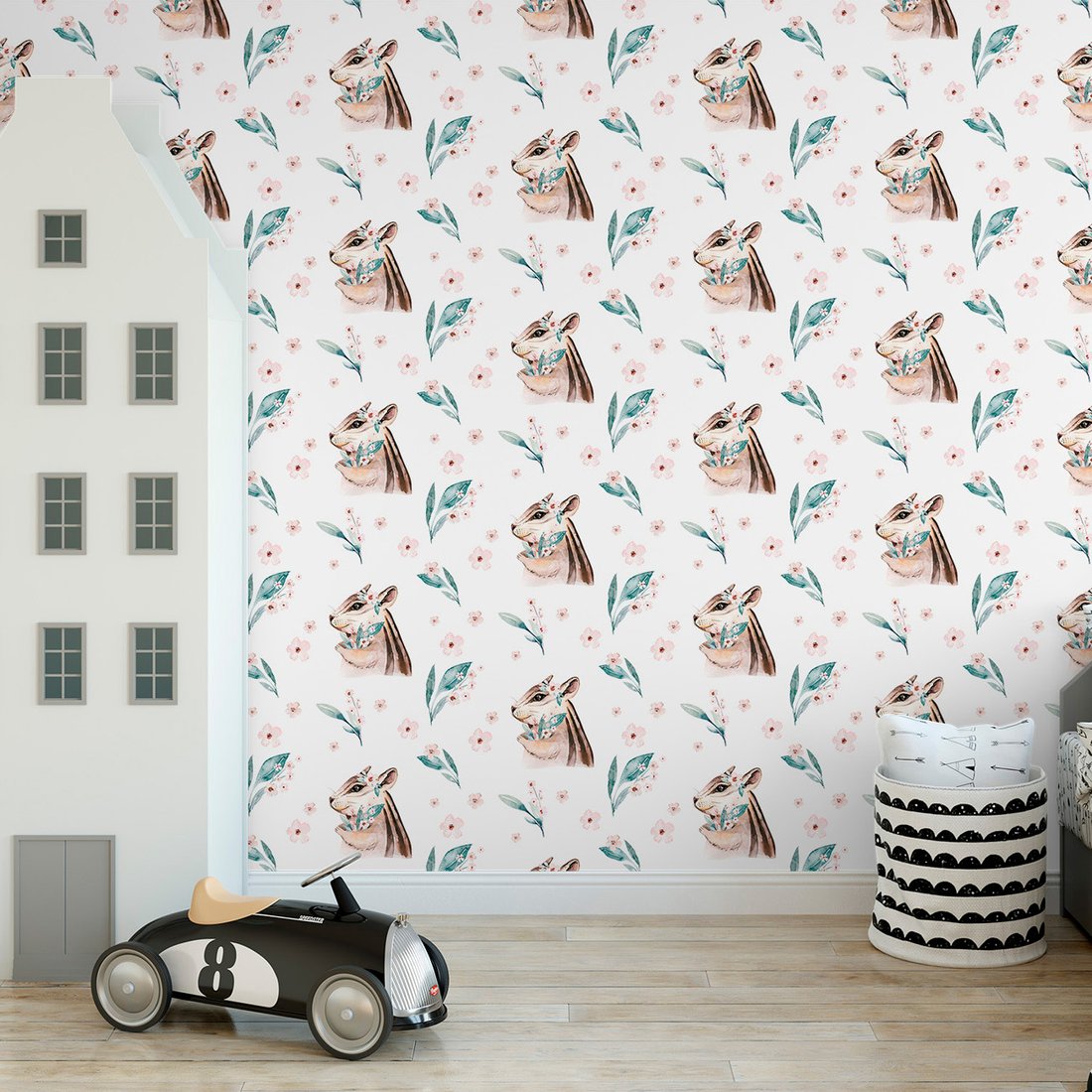 Tapeta - wiewiórka, kwiaty, liście