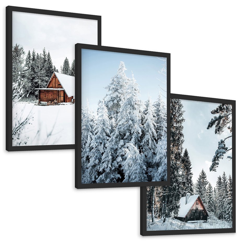 Zestaw obrazy w ramie, plakaty - zima, śnieg, drzewa - rama czarna