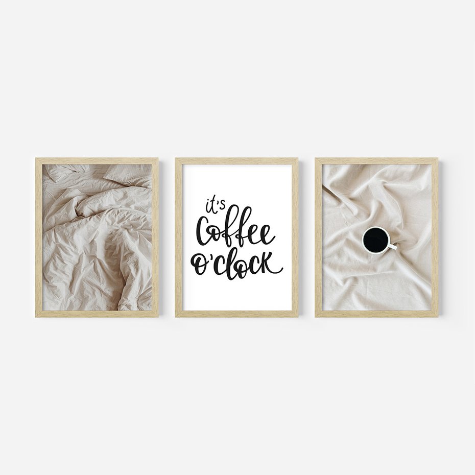 Zestaw obrazy w ramie, plakaty - pościel, kawa, relaks - rama drewno