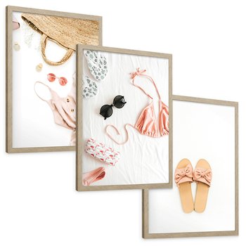 Zestaw obrazy w ramie, plakaty - moda, lato, akcesoria - rama drewno