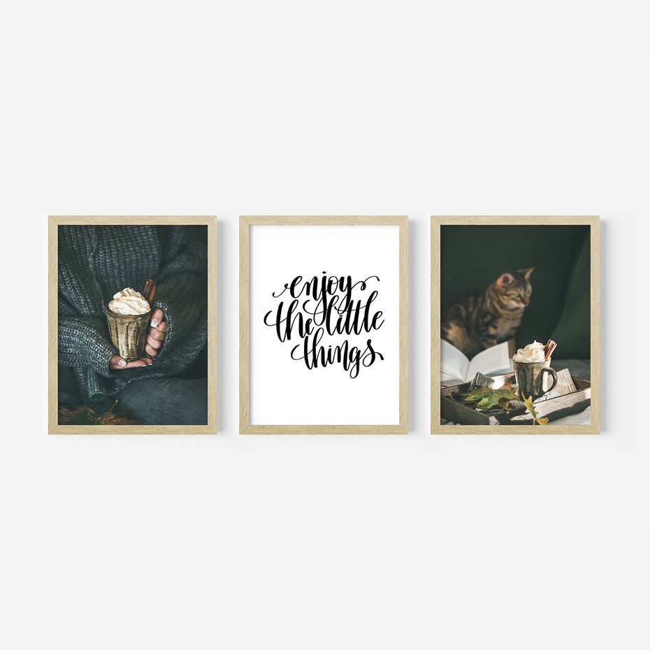 Zestaw obrazy w ramie, plakaty - jesień, napój, kot - rama drewno