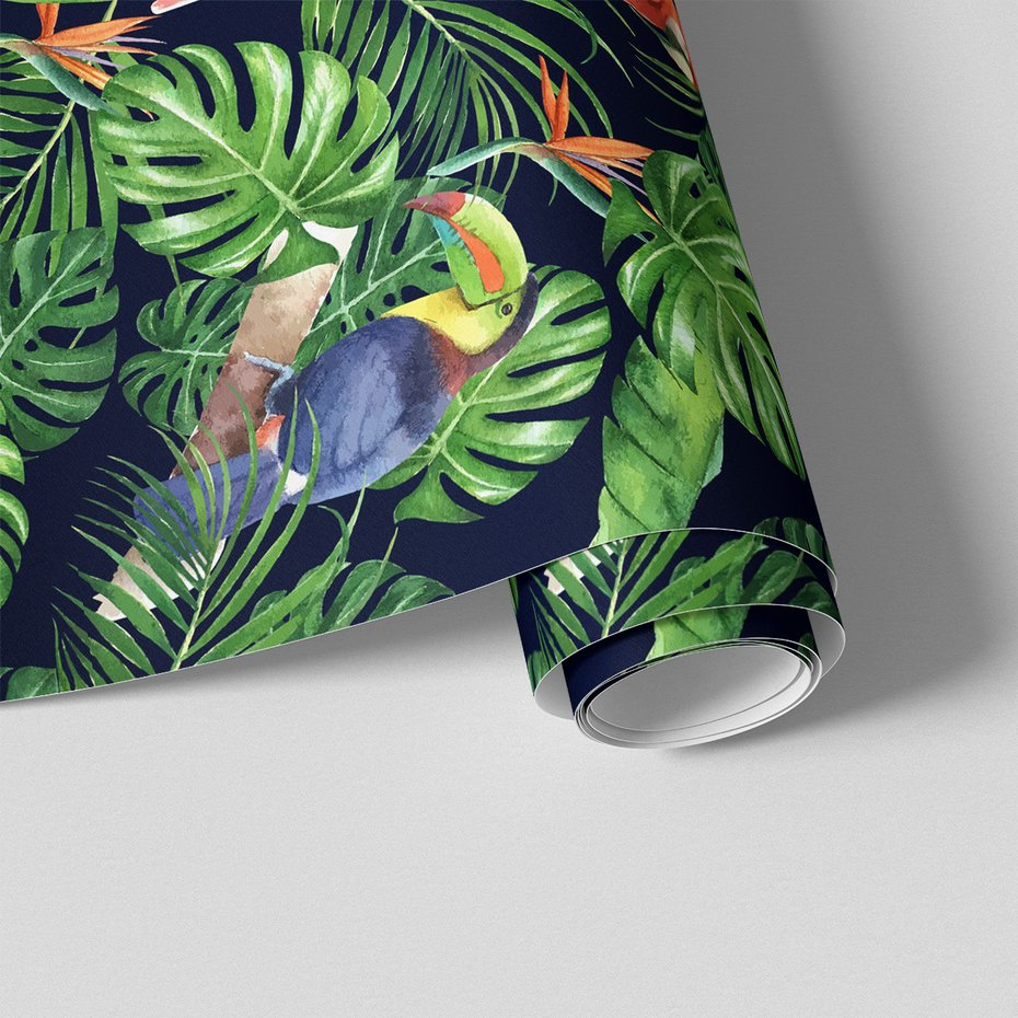 Tapeta - liście, papuga, tukan