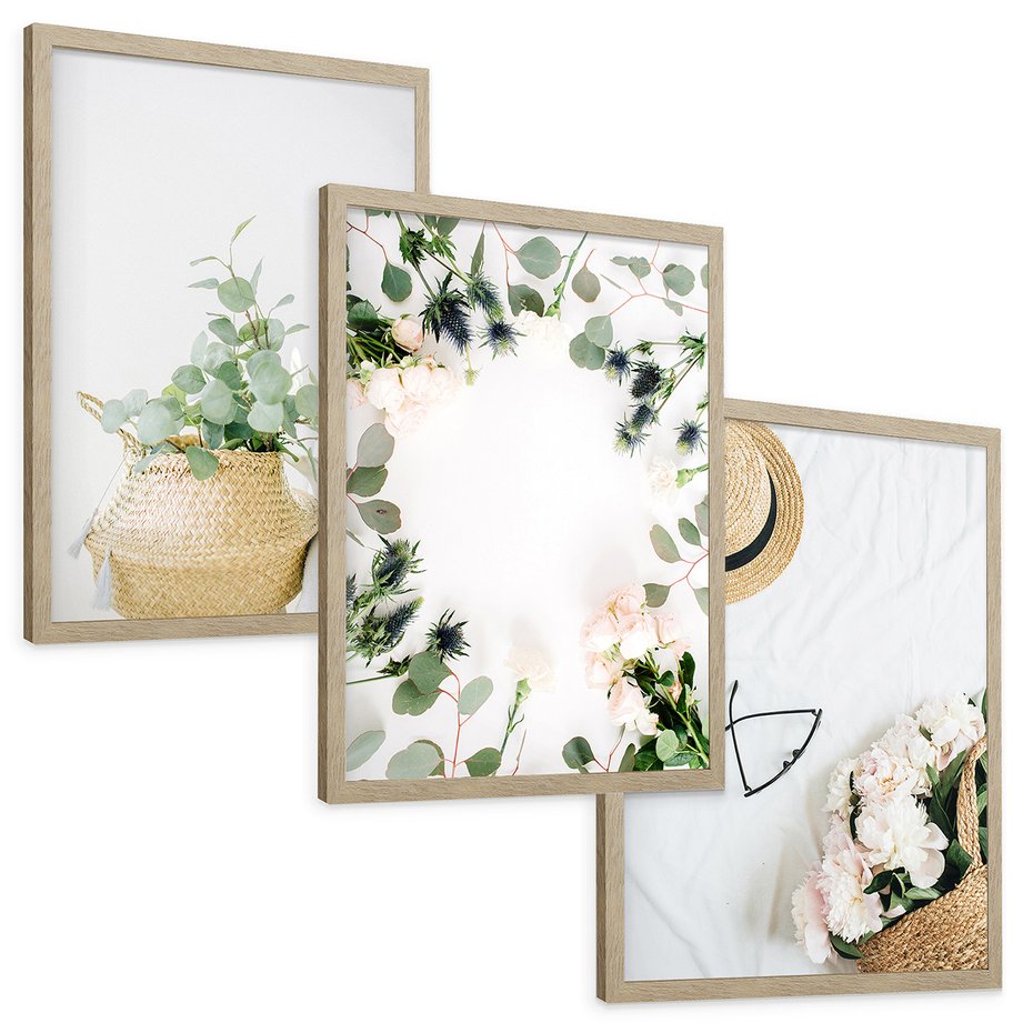 Zestaw obrazy w ramie, plakaty - kwiaty, liście, eukaliptus - rama drewno