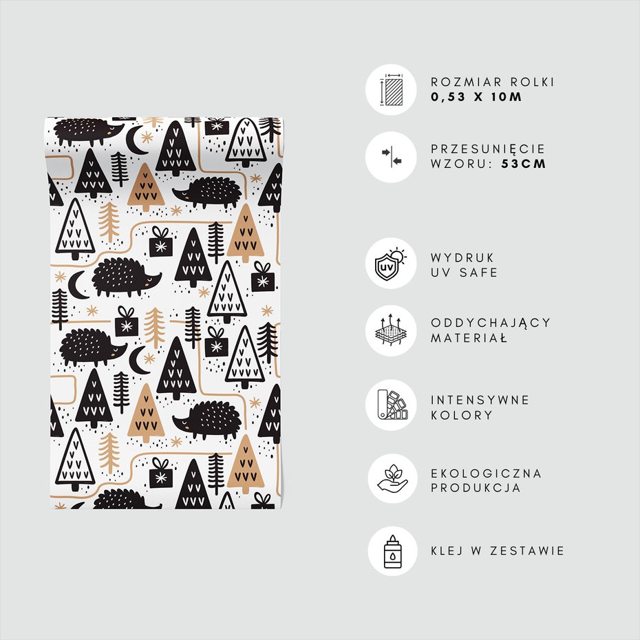 Tapeta - dziecięca, jeże, prezenty, drzewa