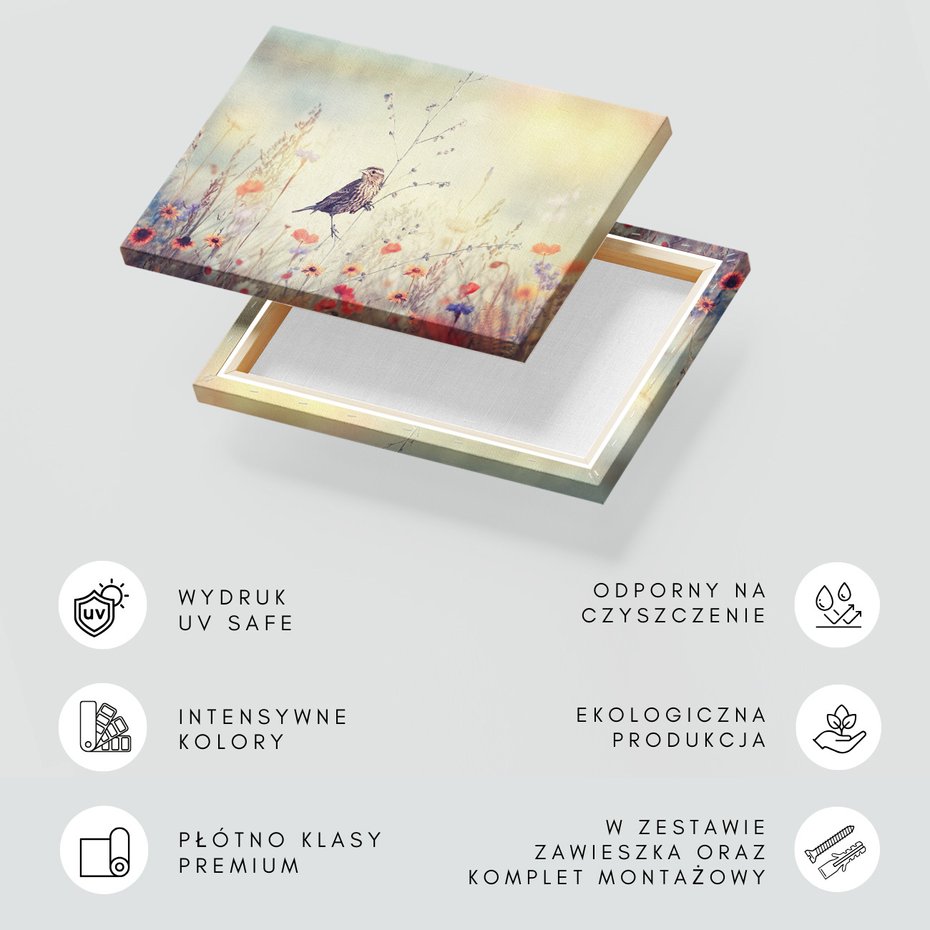 Obraz na płótnie - ptak, kwiaty, łąka