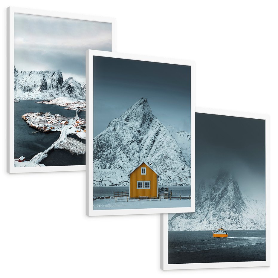 Zestaw obrazy w ramie, plakaty - góry, śnieg, woda - rama biała