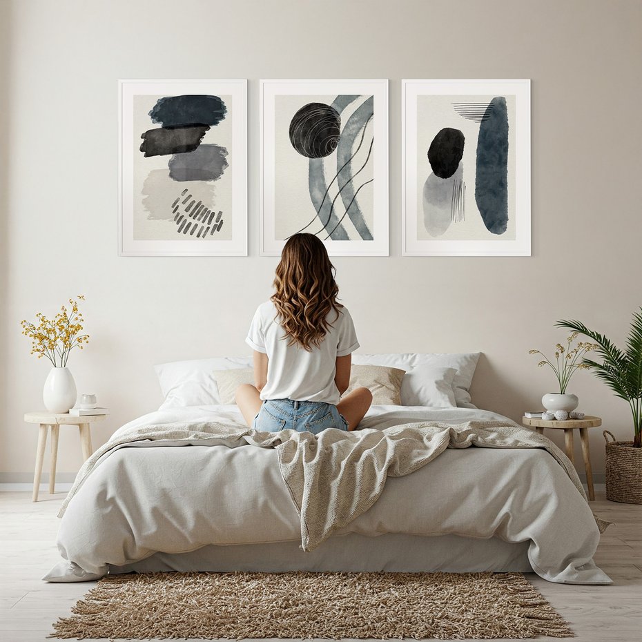 Zestaw obrazy w ramie, plakaty - abstrakcja, kształty, geometria - rama biała