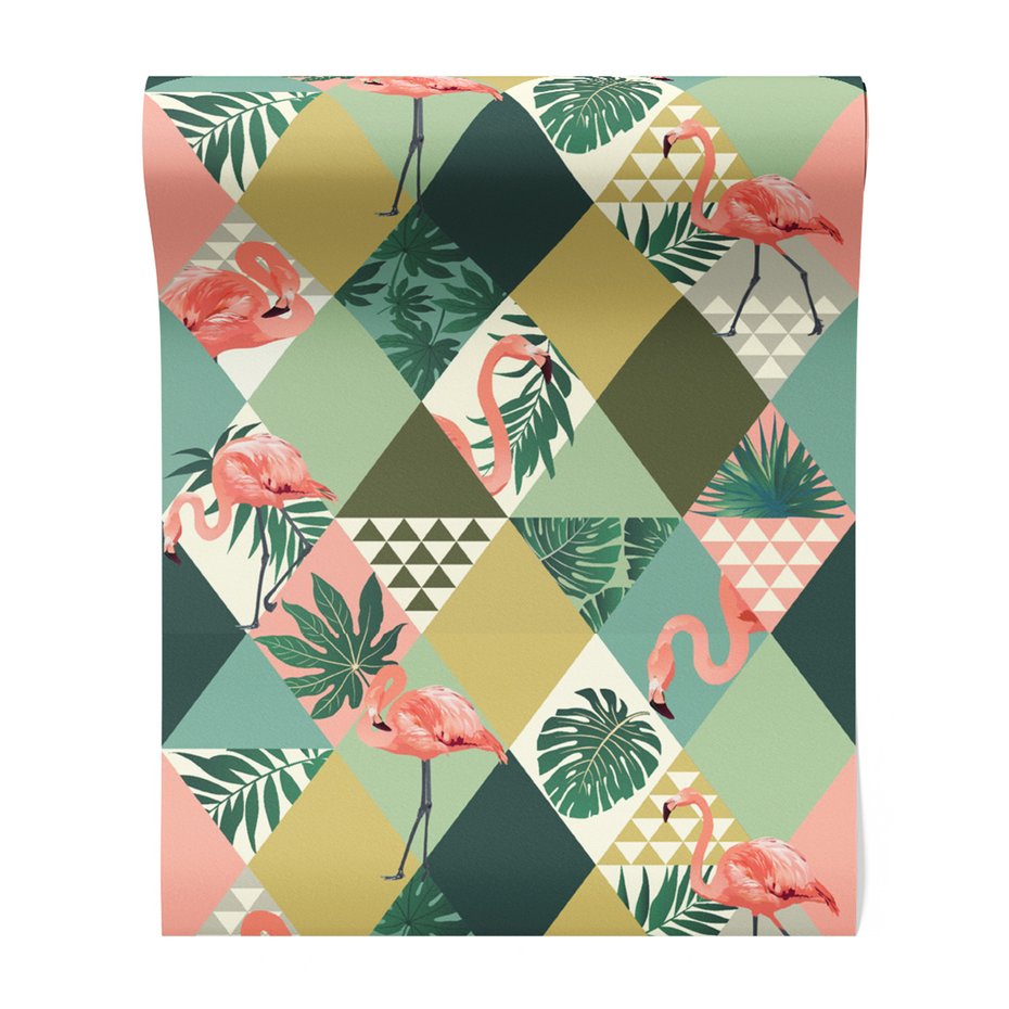 Tapeta - flamingo, liście, trójkąty