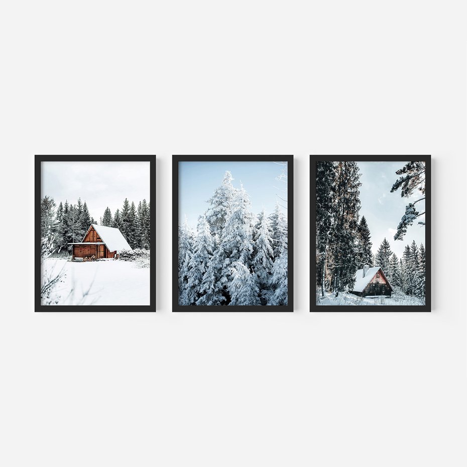 Zestaw obrazy w ramie, plakaty - zima, śnieg, drzewa - rama czarna
