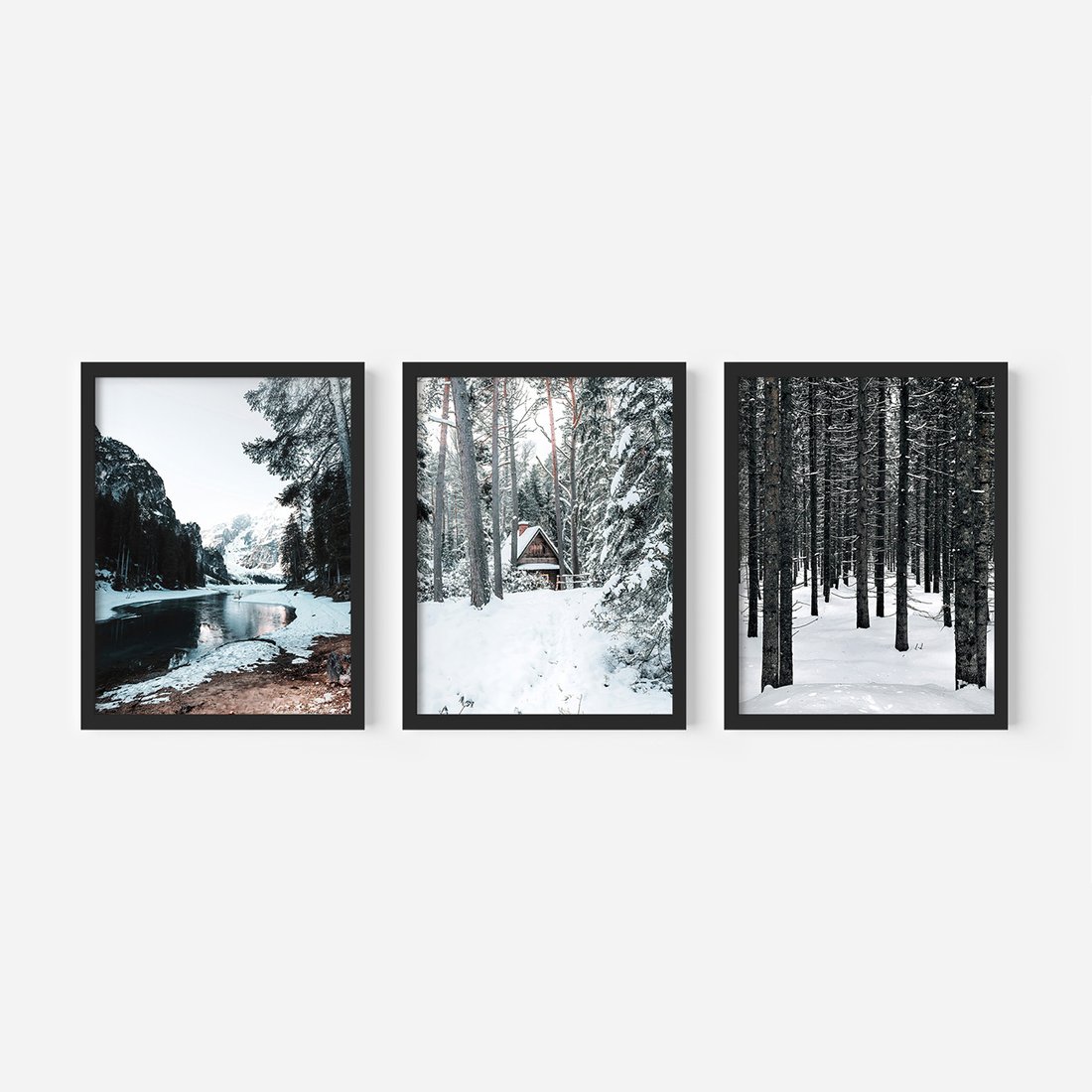 Zestaw obrazy w ramie, plakaty - zima, śnieg, las - rama czarna