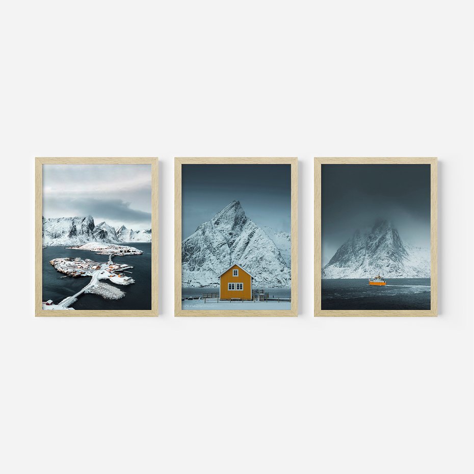 Zestaw obrazy w ramie, plakaty - góry, śnieg, woda - rama drewno
