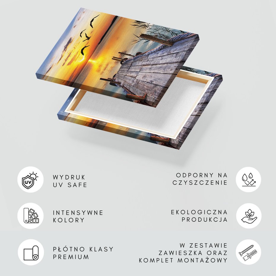 Obraz na płótnie - zachód słońca, ptaki, pomost