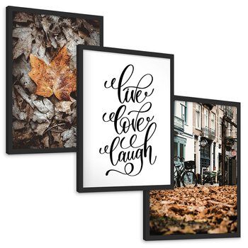 Zestaw obrazy w ramie, plakaty - liście, jesień, napisy - rama czarna