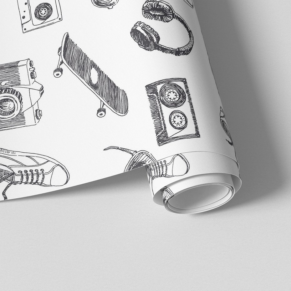 Tapeta - słuchawki, deskorolka, retro