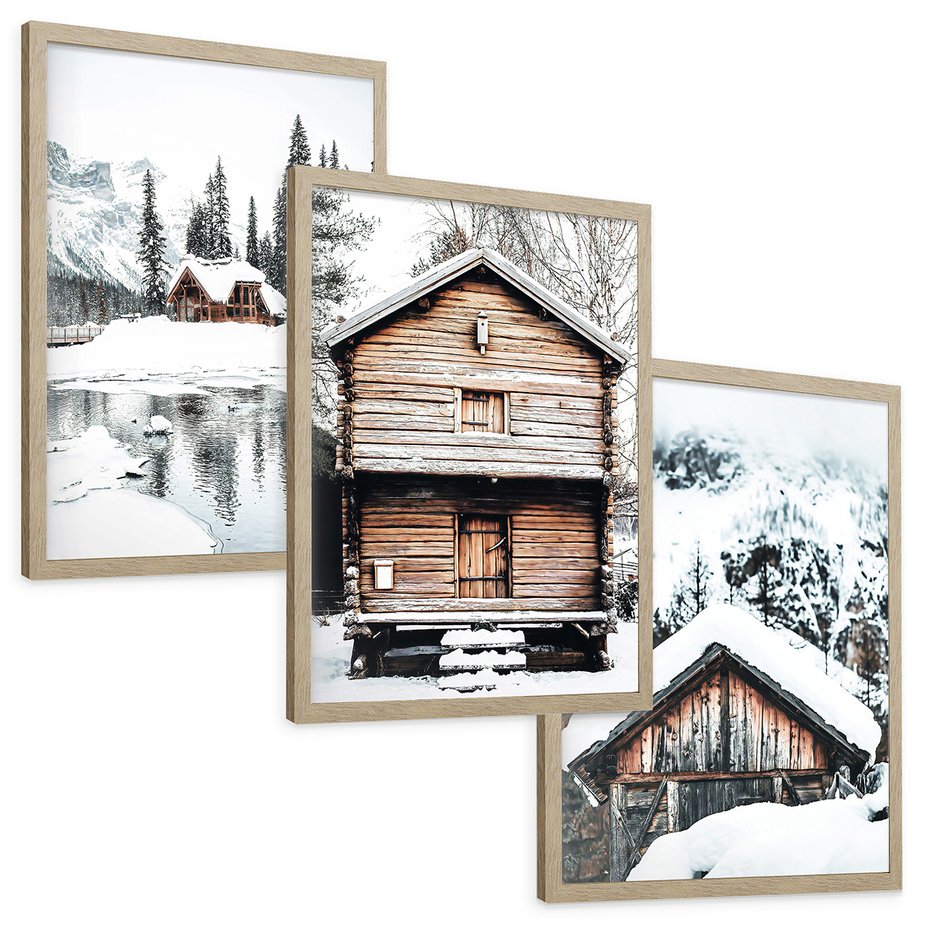 Zestaw obrazy w ramie, plakaty - zima, drewno, śnieg - rama drewno