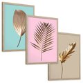 Zestaw obrazy w ramie, plakaty - liście, złoto, roślina - rama drewno