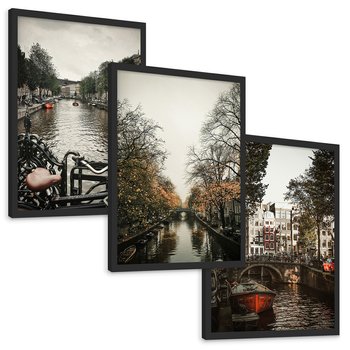 Zestaw obrazy w ramie, plakaty - Amsterdam, kanał, miasto - rama czarna