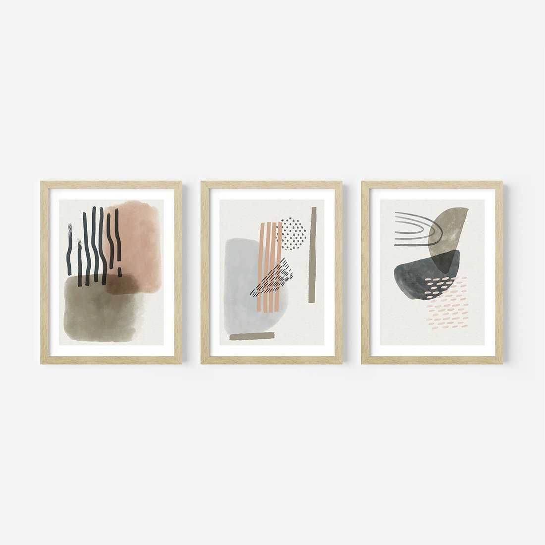 Zestaw obrazy w ramie, plakaty - abstrakcja, geometria, kształty - rama drewno