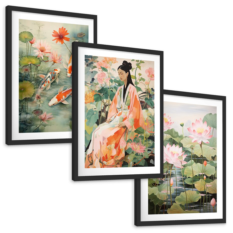 Zestaw obrazy w ramie, plakaty - kwiaty lotosu, ryby koi, azjatycka kobieta - rama czarna