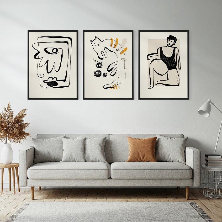 Zestaw obrazy w ramie, plakaty - abstrakcja, rysunek, minimalizm - rama czarna