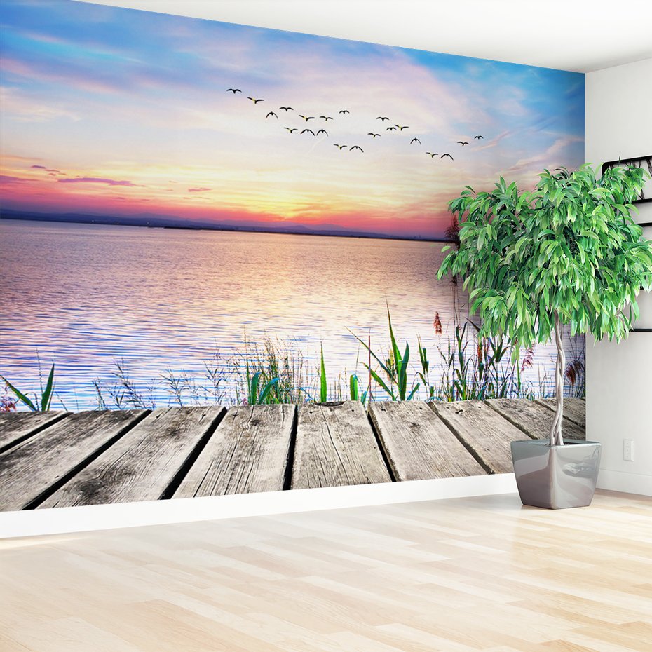 Fototapeta - zachód słońca, jezioro, ptaki