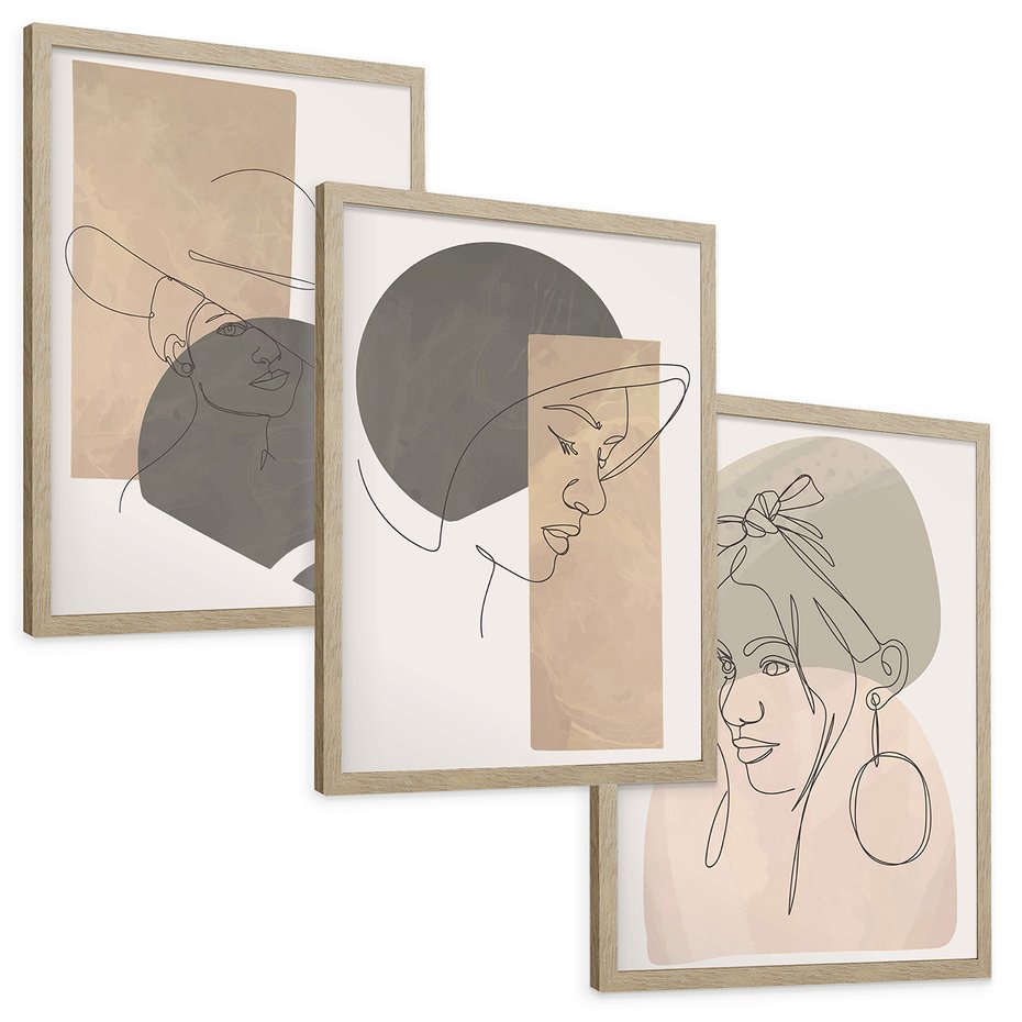Zestaw obrazy w ramie, plakaty - kobieta, portret, abstrakcja - rama drewno