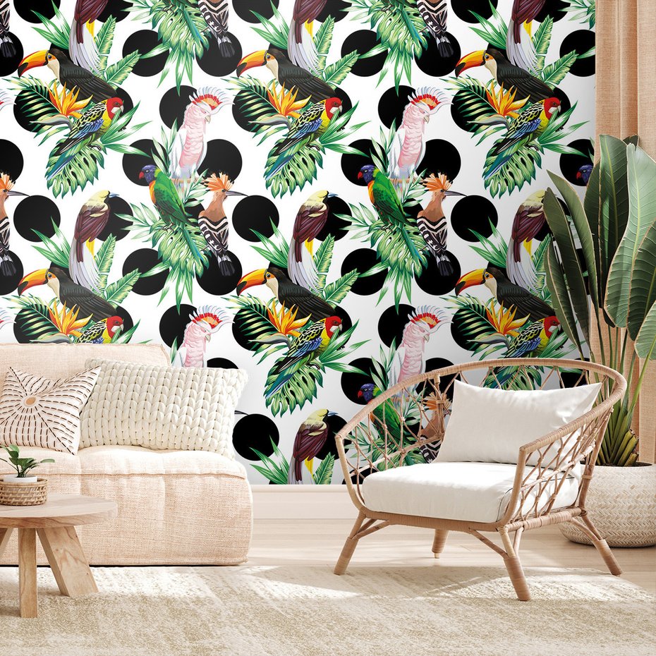 Tapeta - papugi, liście, kropki