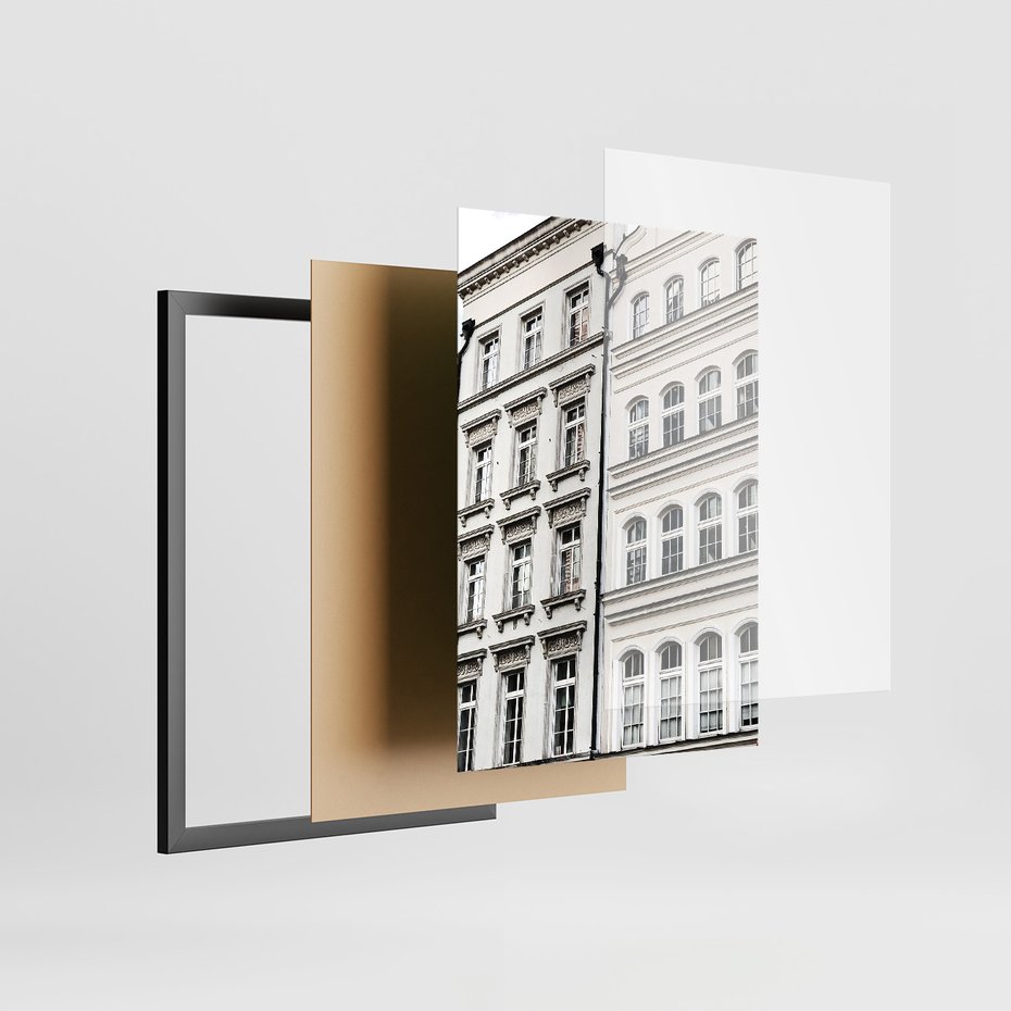 Zestaw obrazy w ramie, plakaty - budynek,typografia,koło - rama czarna