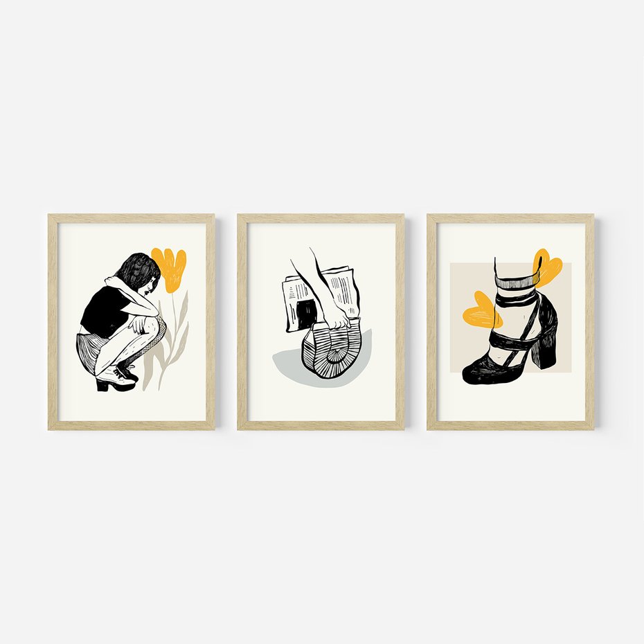 Zestaw obrazy w ramie, plakaty - rysunek, kobieta, kwiat - rama drewno