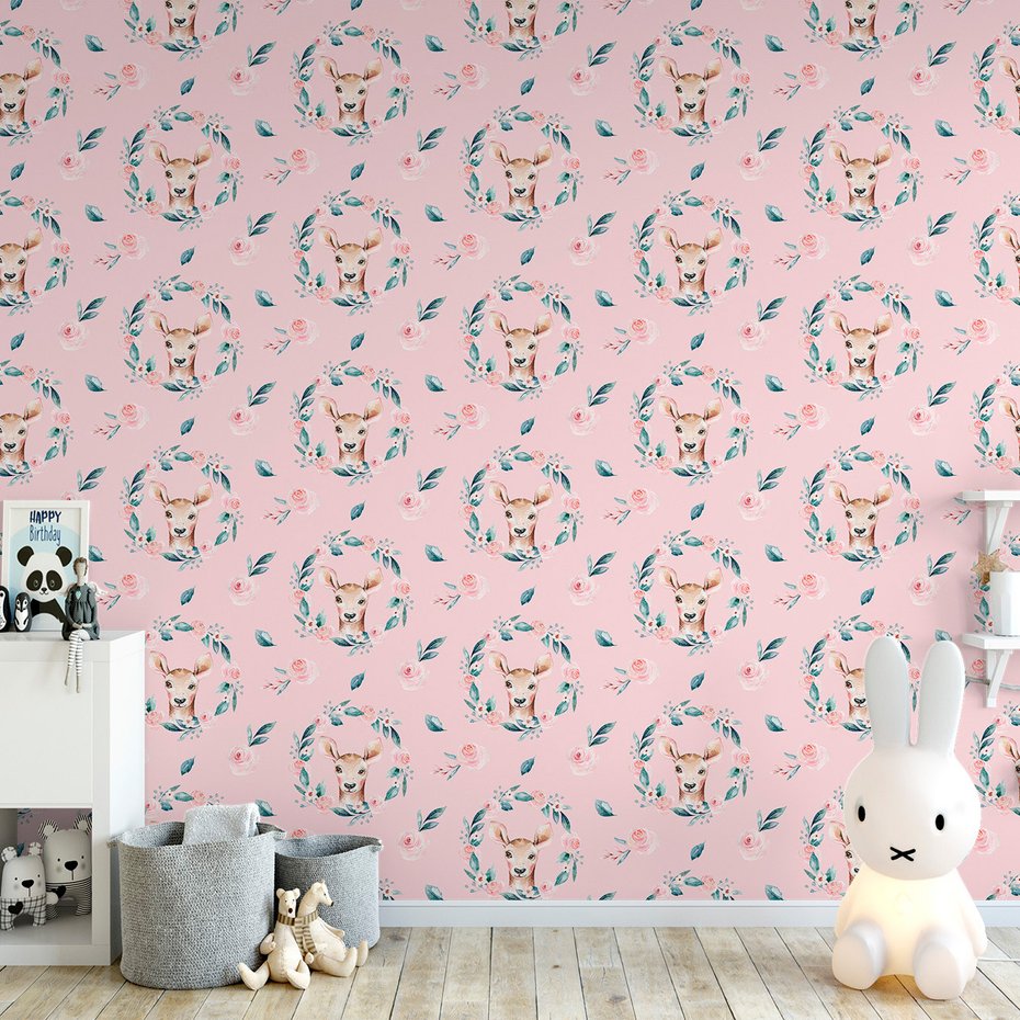 Tapeta - dziecięca, sarna, róże, wieniec