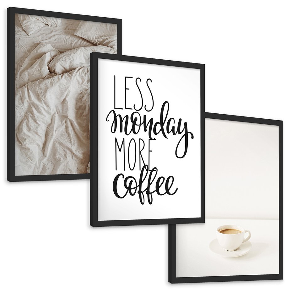 Zestaw obrazy w ramie, plakaty - kawa, łóżko, minimalizm - rama czarna