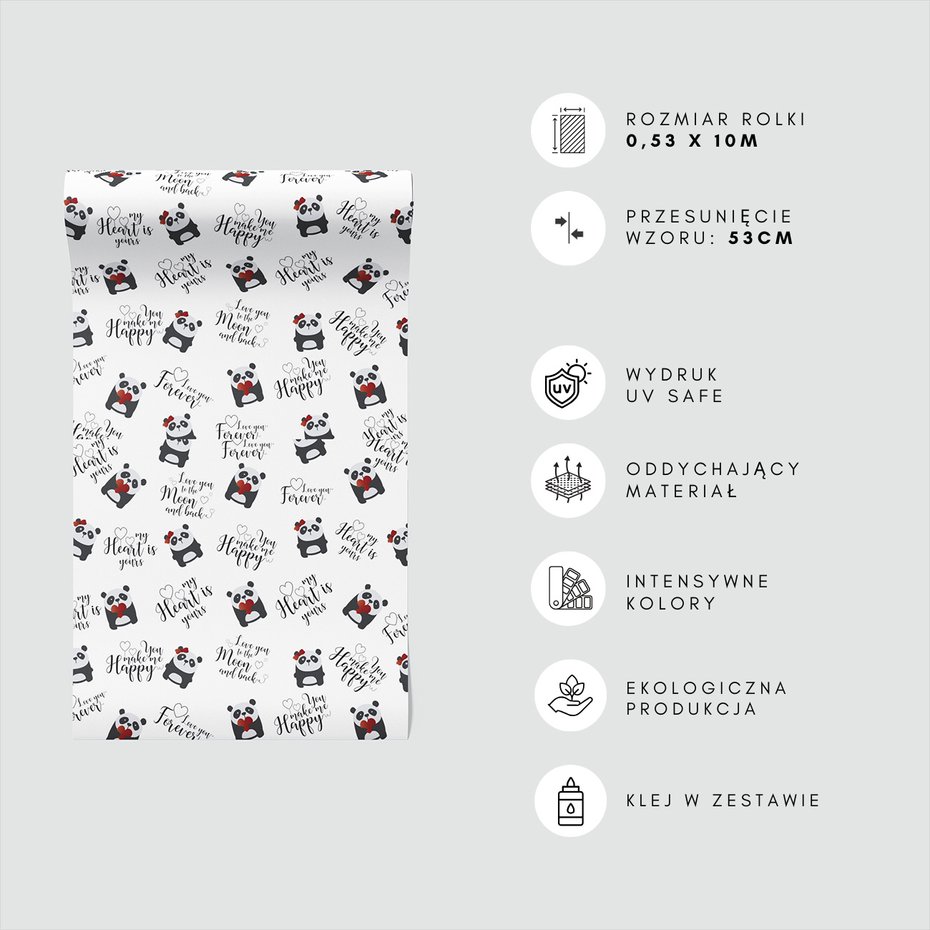 Tapeta - dziecięca, panda, serce, napisy