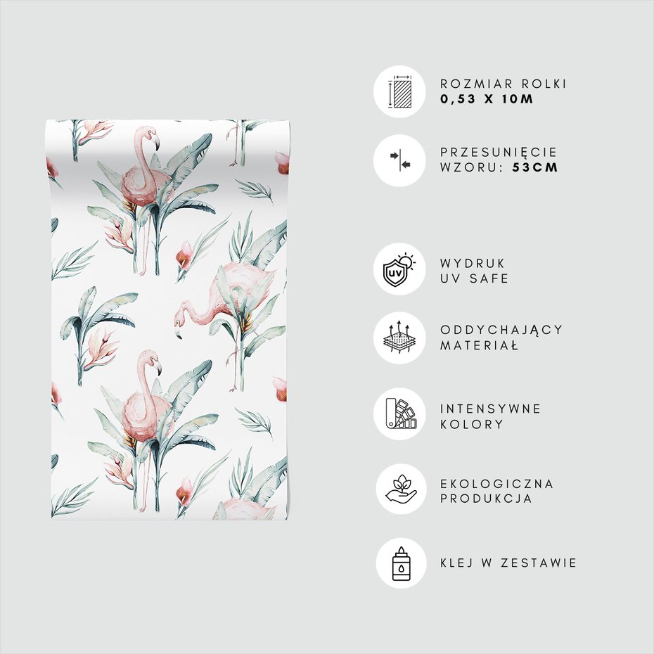 Tapeta - flamingo, liście, kwiaty