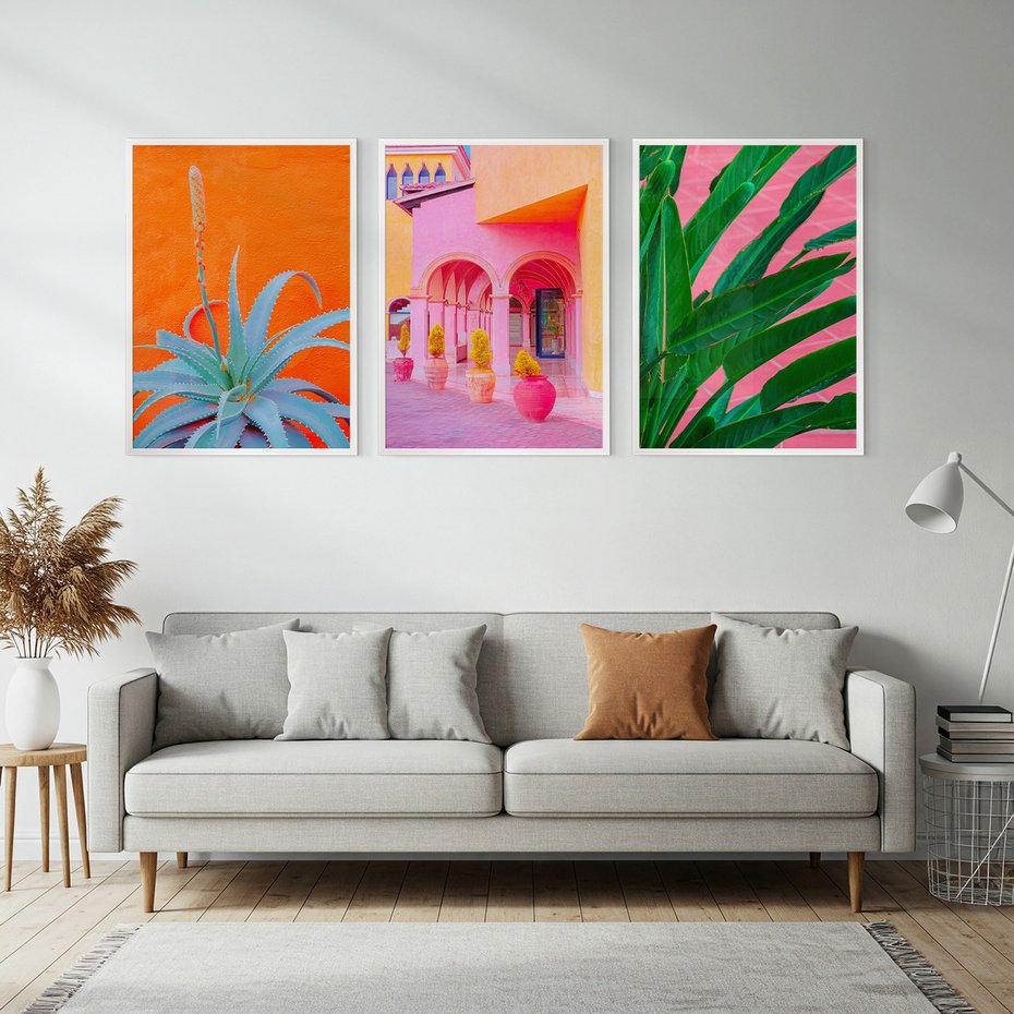 Zestaw obrazy w ramie, plakaty - rośliny, architektura, tropikalne - rama biała