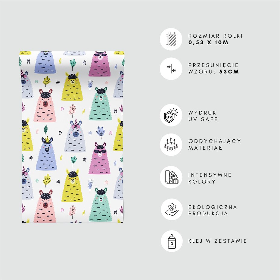Tapeta - dziecięca, lama, jednorożec, wzór