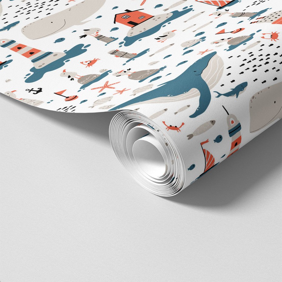 Tapeta - dziecięca, wieloryby, mewy, morze