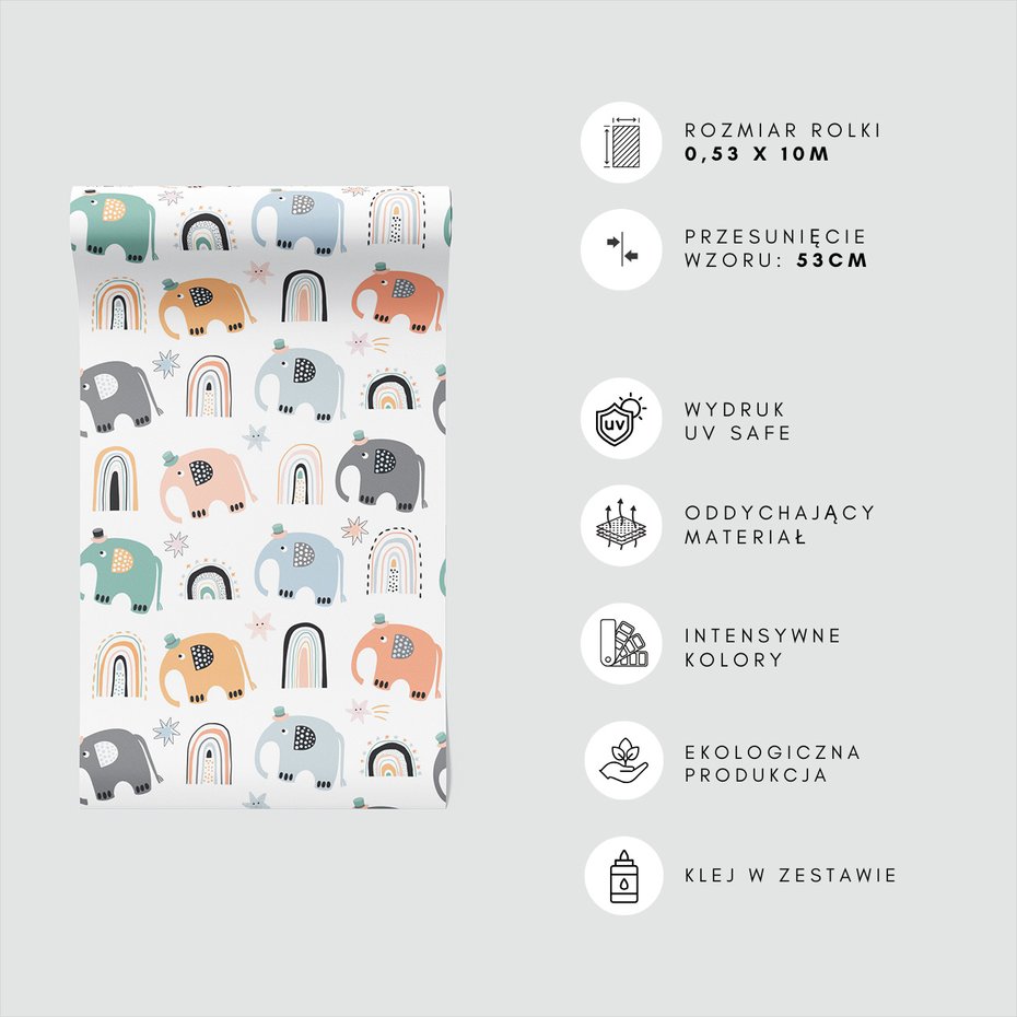 Tapeta - dziecięca, słonie, tęcze, gwiazdy