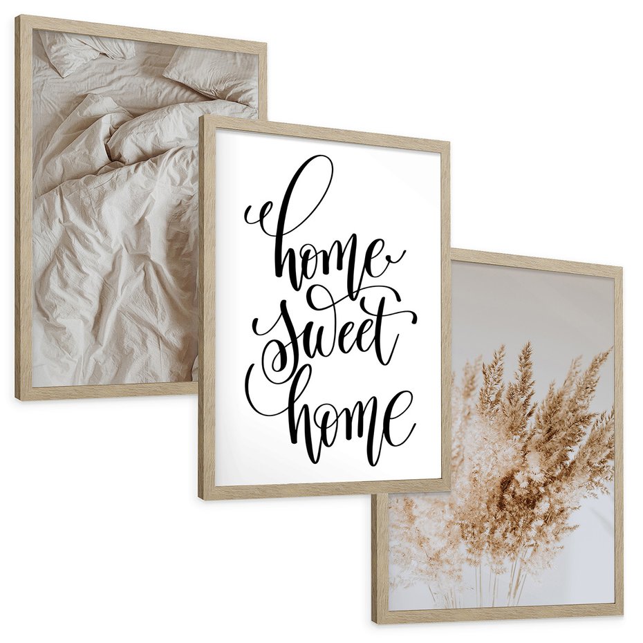 Zestaw obrazy w ramie, plakaty - trawa, beżowy, pismo - rama drewno