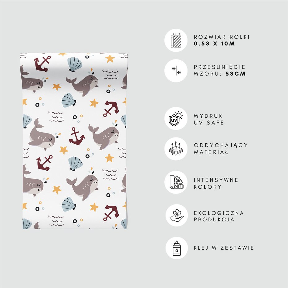Tapeta - dziecięca, wieloryb, kotwica, muszla