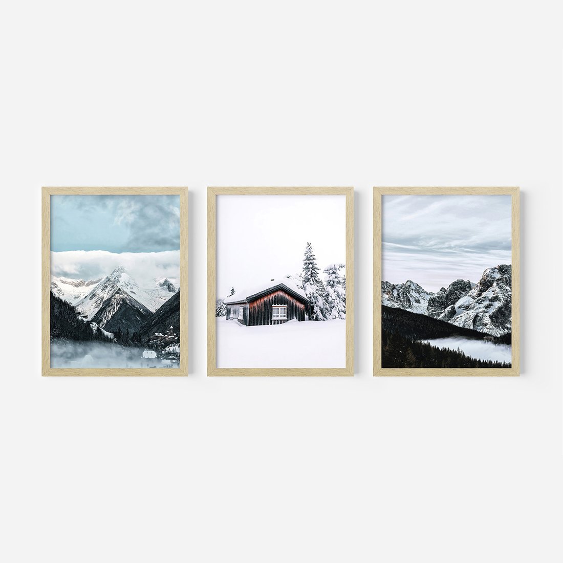Zestaw obrazy w ramie, plakaty - zima, śnieg, góry - rama drewno