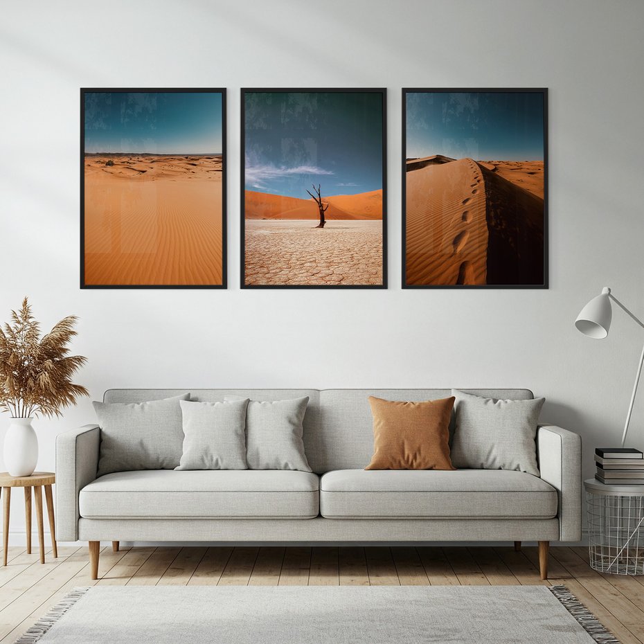 Zestaw obrazy w ramie, plakaty - pustynia, piasek, niebo - rama czarna