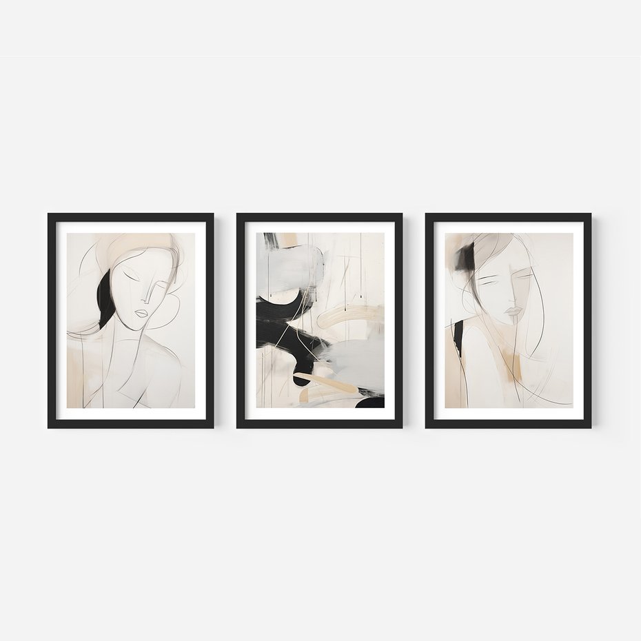 Zestaw obrazy w ramie, plakaty - abstrakcja, portret, minimalizm - rama czarna