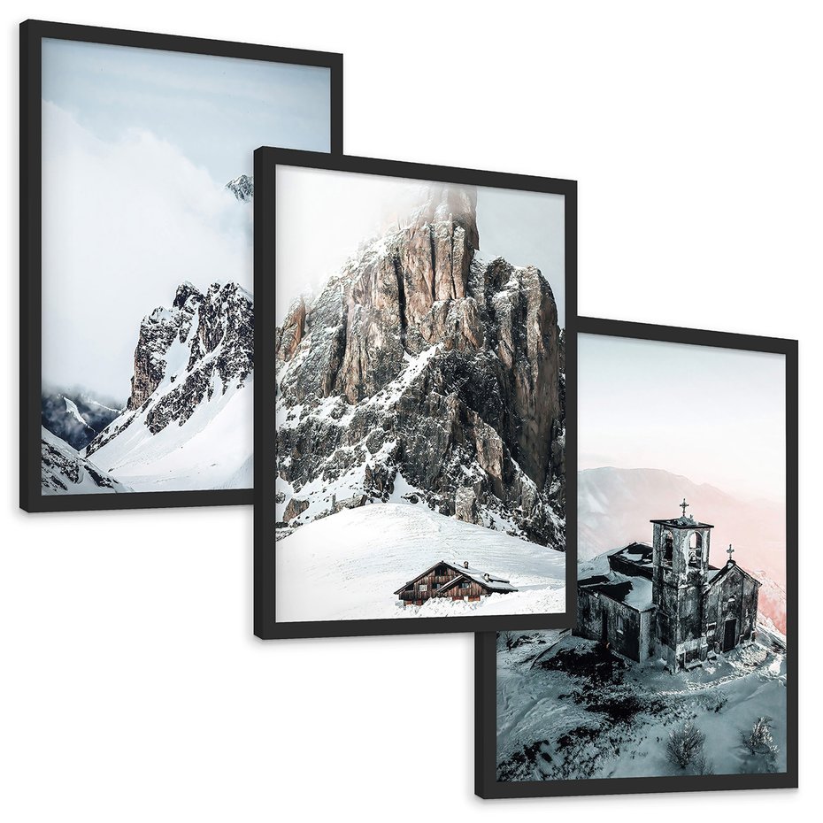 Zestaw obrazy w ramie, plakaty - góry, śnieg, zima - rama czarna